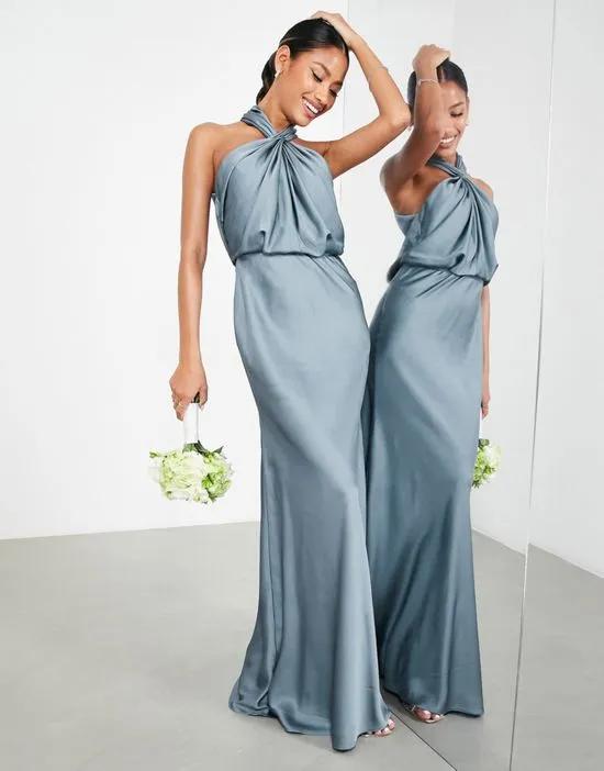 satin ruched halter neck maxi dress in dusky blue