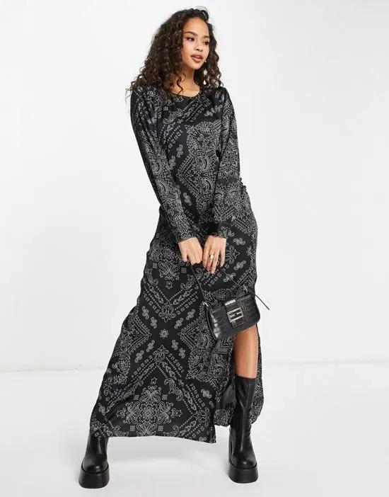 satin ruched maxi dress with split in black paisley print