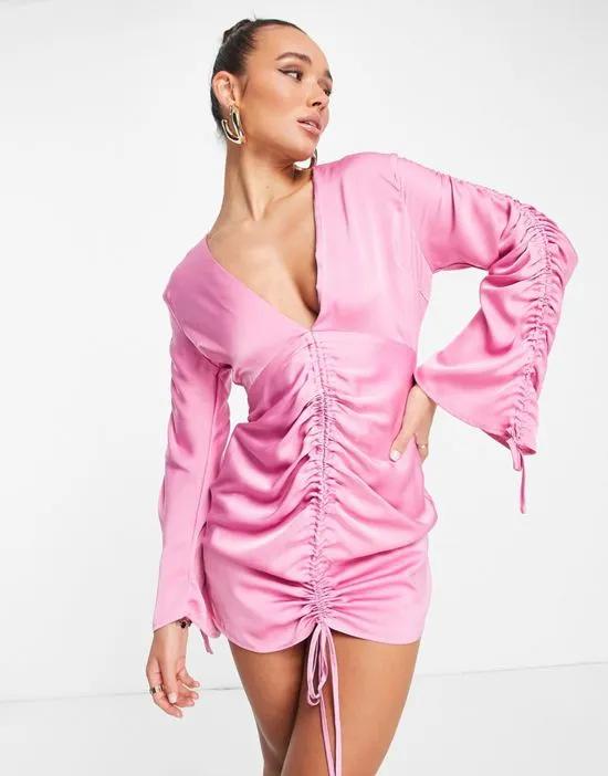 satin ruched mini dress with ties in pink
