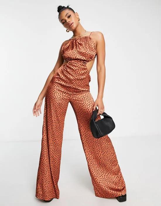 satin ruched neck cut out jumpsuit in animal print