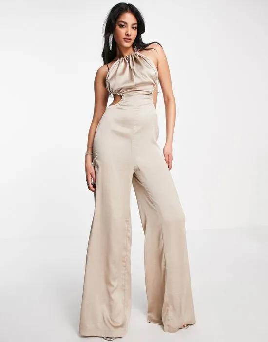 satin ruched neck cut out jumpsuit in taupe