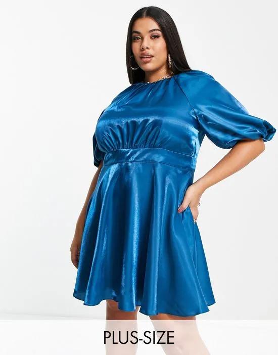 satin ruffle hem dress with bow back in blue