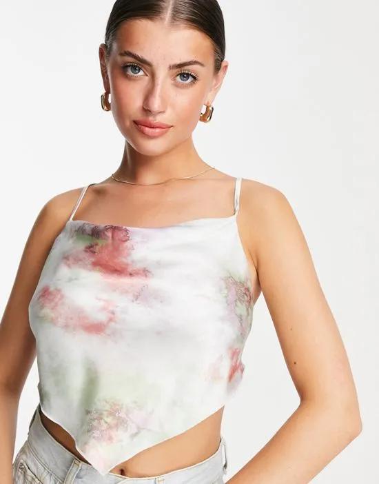 satin scarf top with cowl neck and lace up back in tie dye