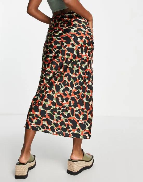satin seamed leopard print bias maxi skirt in red