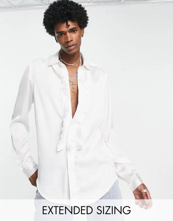 satin shirt with ruffle front in white