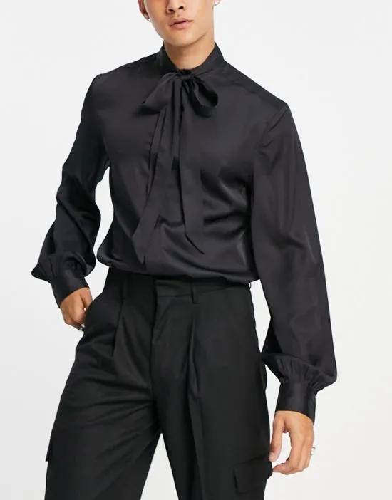 satin shirt with tie neck and blouson volume sleeve in black