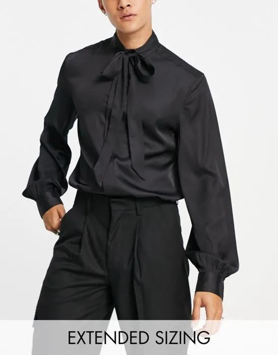 satin shirt with tie neck and blouson volume sleeves