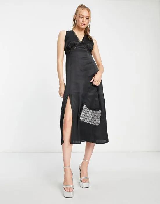 satin sleeveless midi dress with lace trim in black