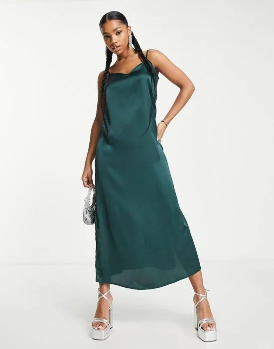 satin slip maxi dress in emerald green