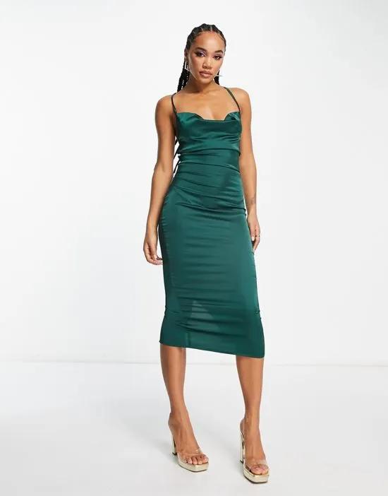 satin slip midi dress with cowl front in Emerald
