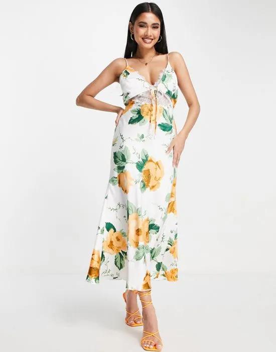 satin slip midi dress with delicate lace detail and tie front in floral