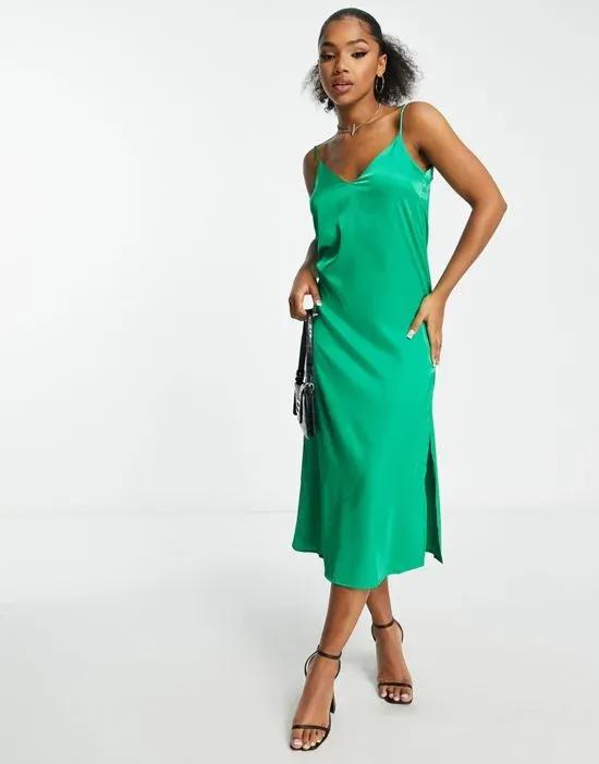 satin slip midi dress with slit in green