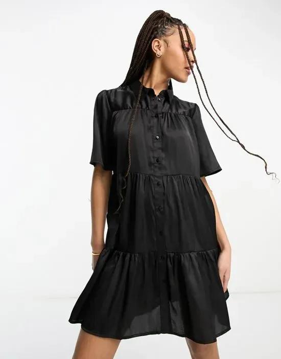 satin smock mini dress in black