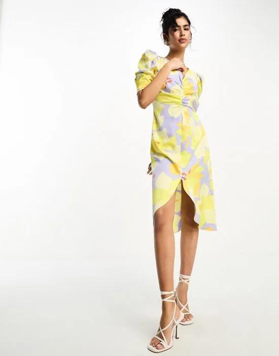 satin split front midi dress in lilac and yellow floral