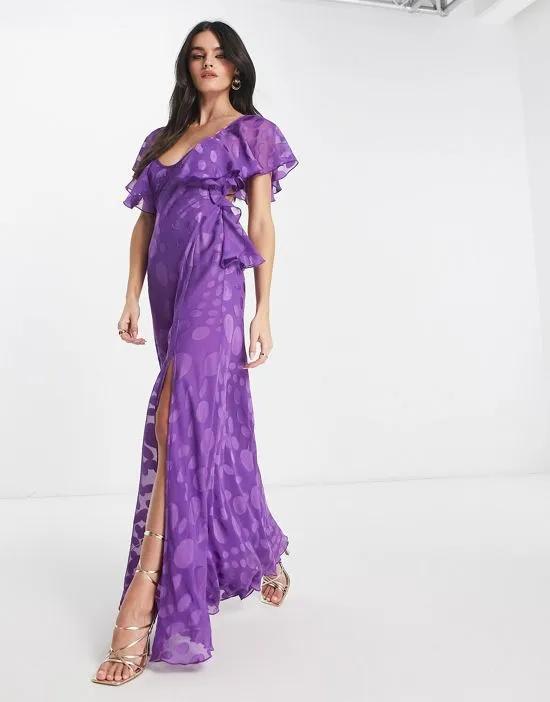 satin spot flutter sleeve maxi dress with open back in purple