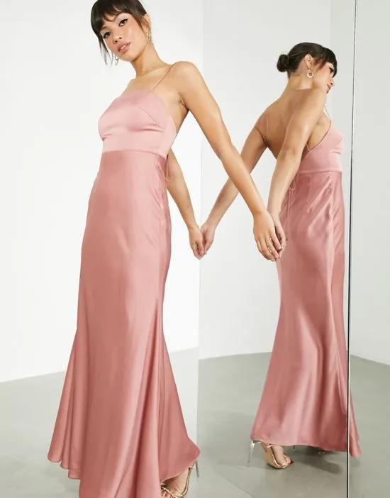 satin square neck maxi dress with tie back in dusky rose