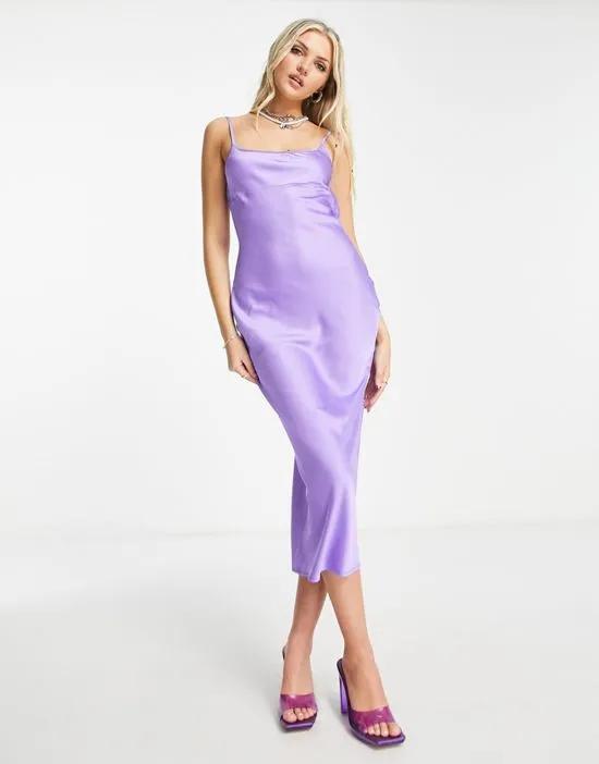 satin square neck slip dress in lilac