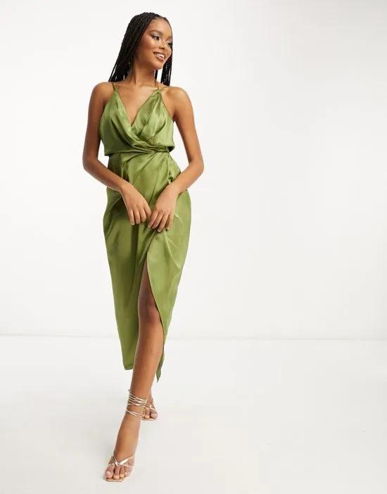 satin strappy back drape cami midi dress in olive green