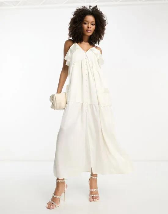 satin strappy smock midi dress with tier hem and button front in ivory