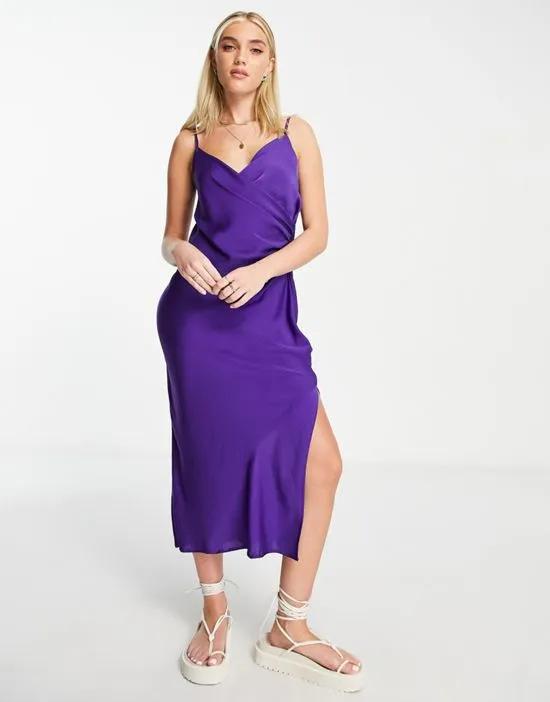 satin strappy wrap front midi dress in purple