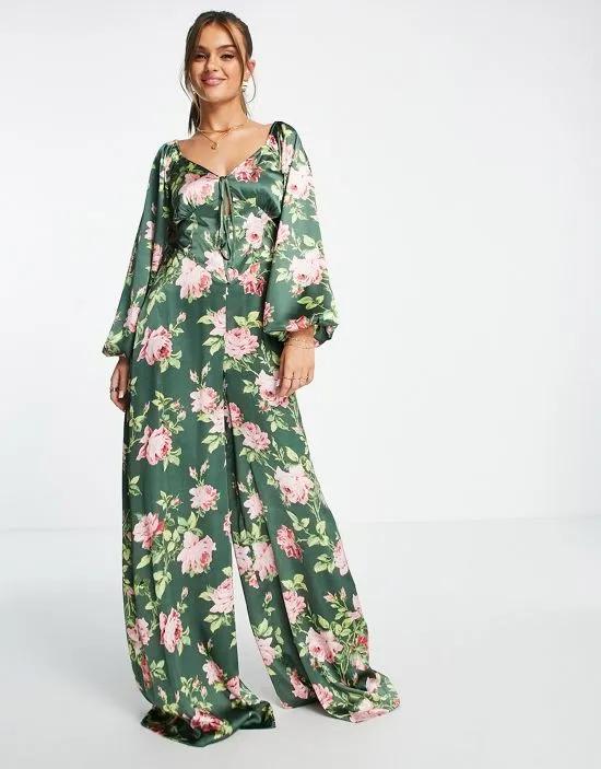 satin tea jumpsuit with lace up back in floral print