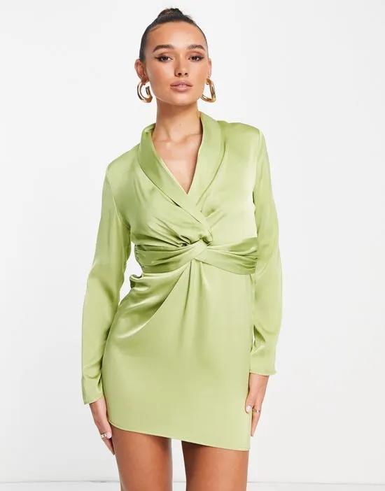 satin tie front mini dress in chartreuse