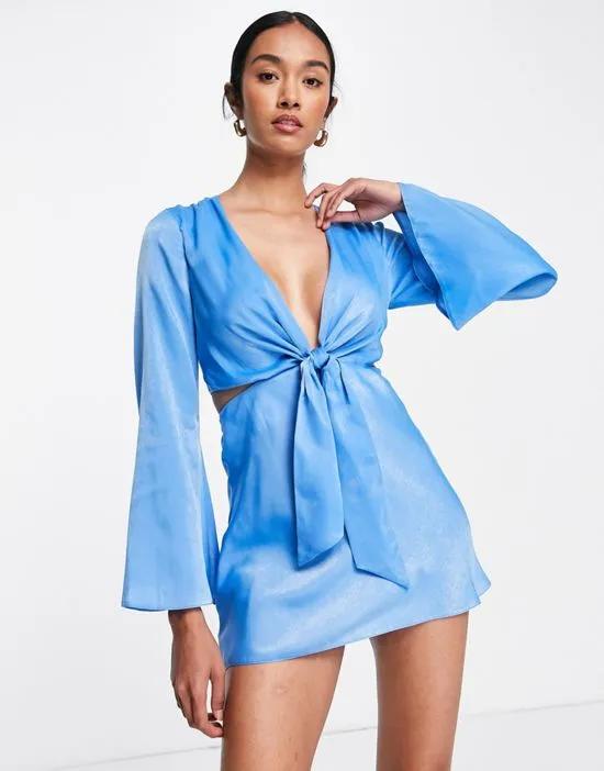 Satin tie front mini dress with fluted sleeves in blue