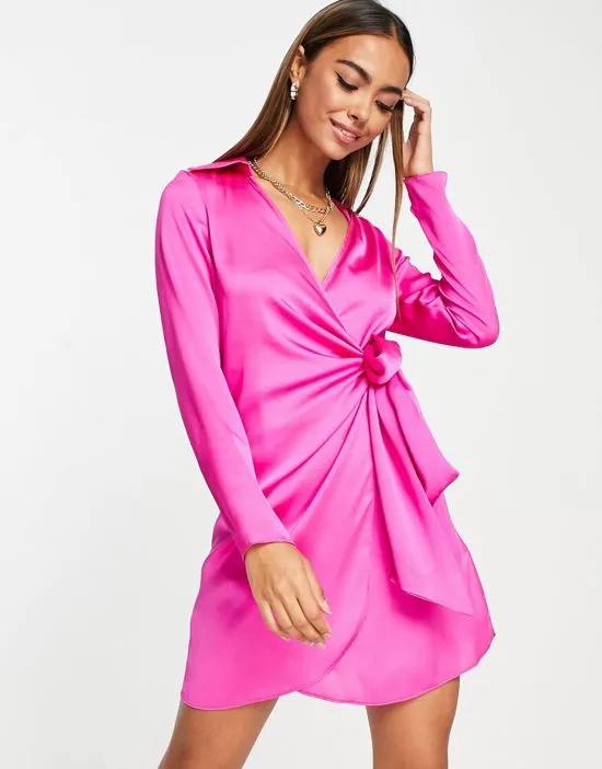 satin tie side mini dress in hot pink