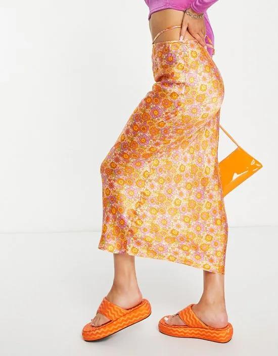 satin tie waist 70s floral midi skirt in orange - part of a set