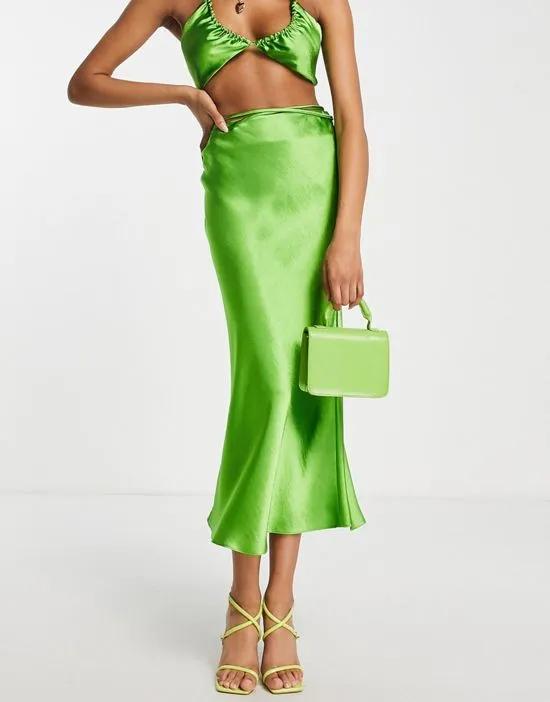 satin tie waist midi skirt in green - part of a set