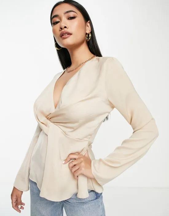 satin twist front blouse with flared sleeve in champagne