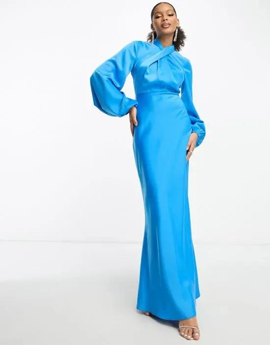 satin twist front maxi dress with balloon sleeve in turquoise