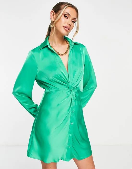 satin twist front mini shirt dress in green