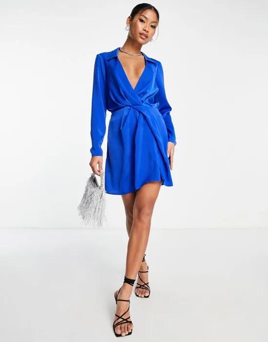 satin twist mini dress with collar in blue