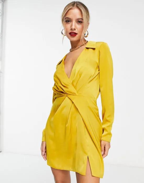 satin twist mini dress with collar in gold