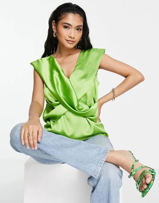 satin v neck twist blouse with cupped sleeve in bright green
