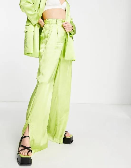satin wide leg pants in lime - part of a set