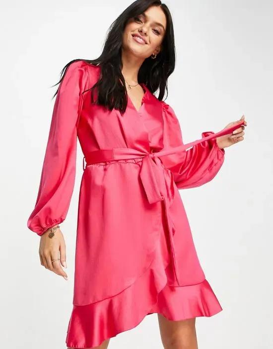 satin wrap dress with ruffles in bright pink