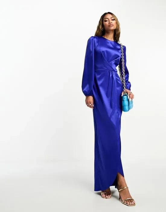 satin wrap front maxi dress in cobalt