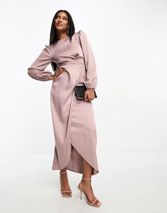 satin wrap front maxi dress in heather rose