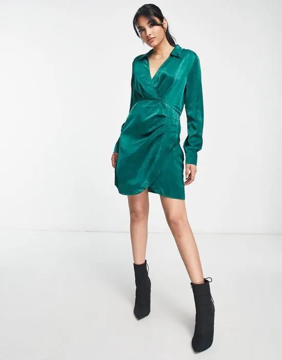 satin wrap front mini dress in green
