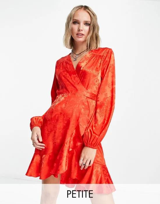satin wrap front mini dress with balloon sleeve in red floral jacquard