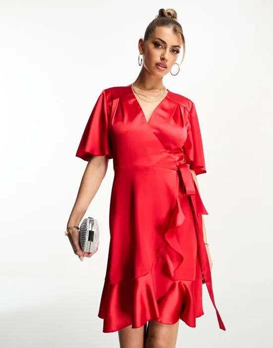 satin wrap front mini dress with flutter sleeves in red