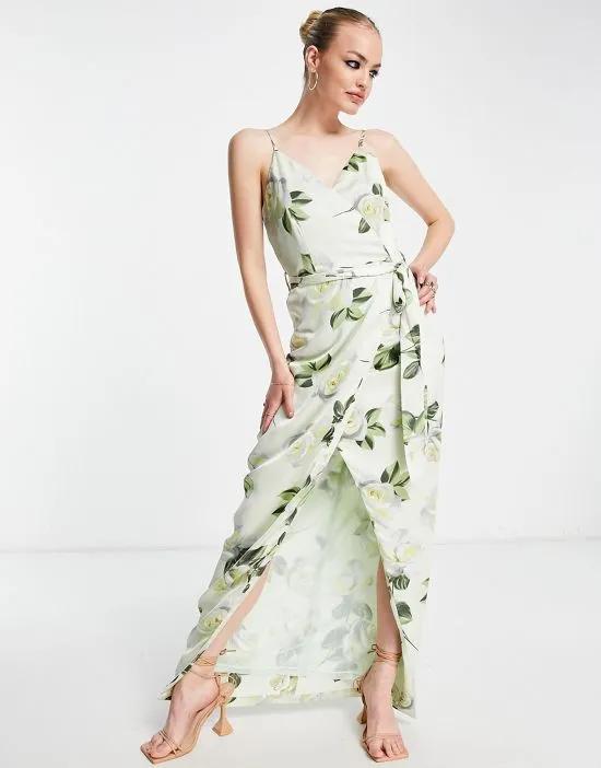 satin wrap maxi dress with belt in soft green floral