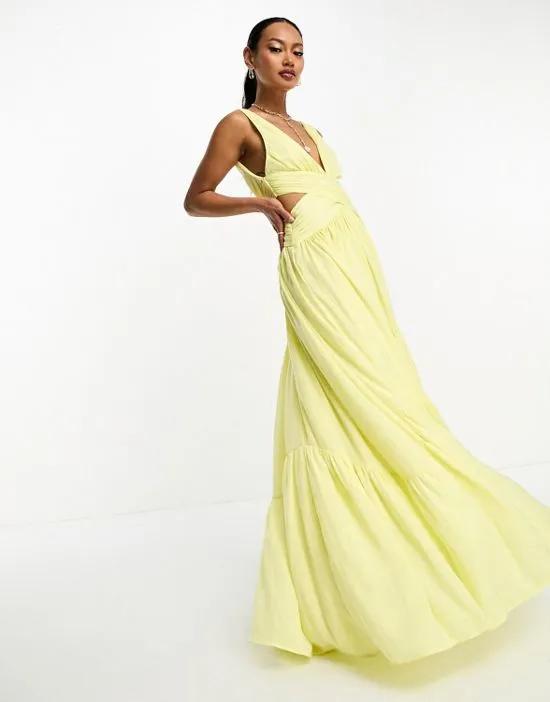satin wrap maxi dress with hi low hem in lemon yellow