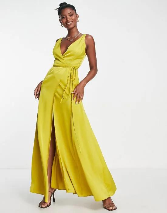 satin wrap maxi dress with self tie waist in gold