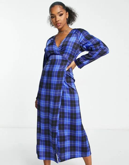 satin wrap midi dress in blue and black check
