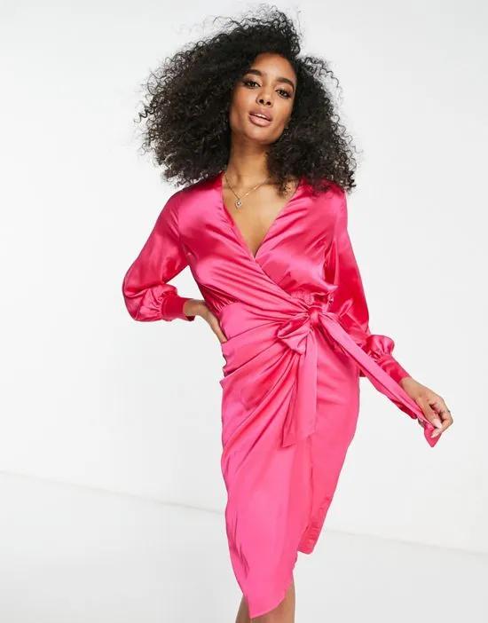 satin wrap midi dress in fuchsia pink