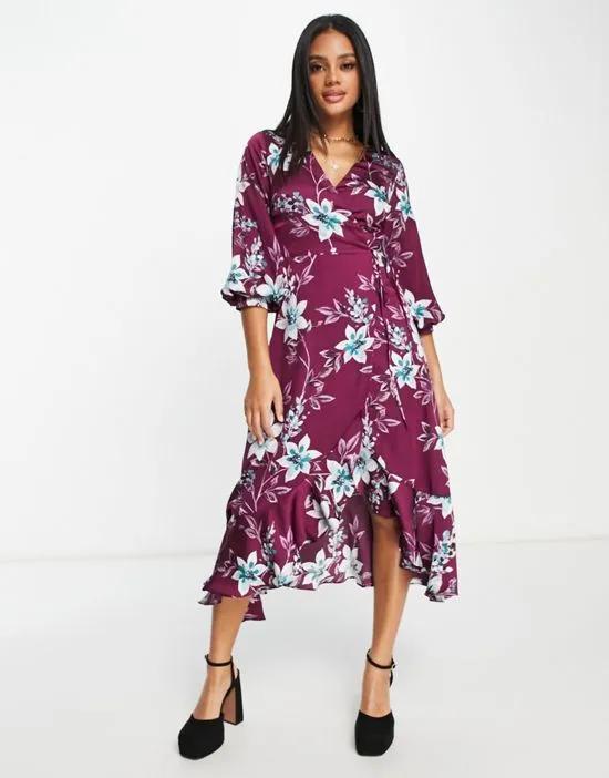 satin wrap midi dress with puff sleeves in wine placement floral