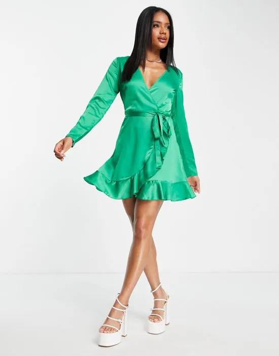 satin wrap mini dress in bright green